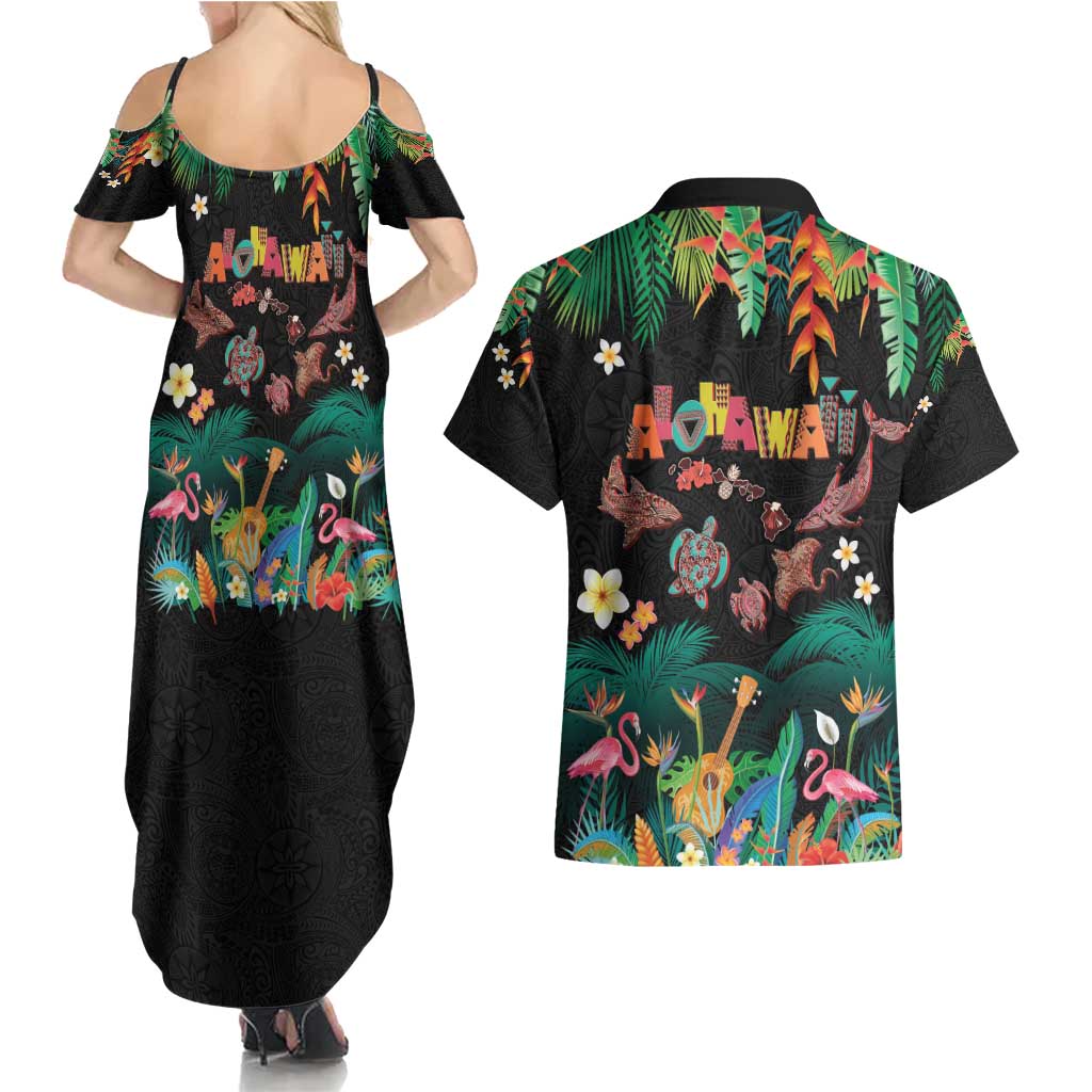 Hawaiian Alohawaii Couples Matching Summer Maxi Dress and Hawaiian Shirt Tribal Sea Animals Tattoo and Tropical Plants - Polynesian Pride