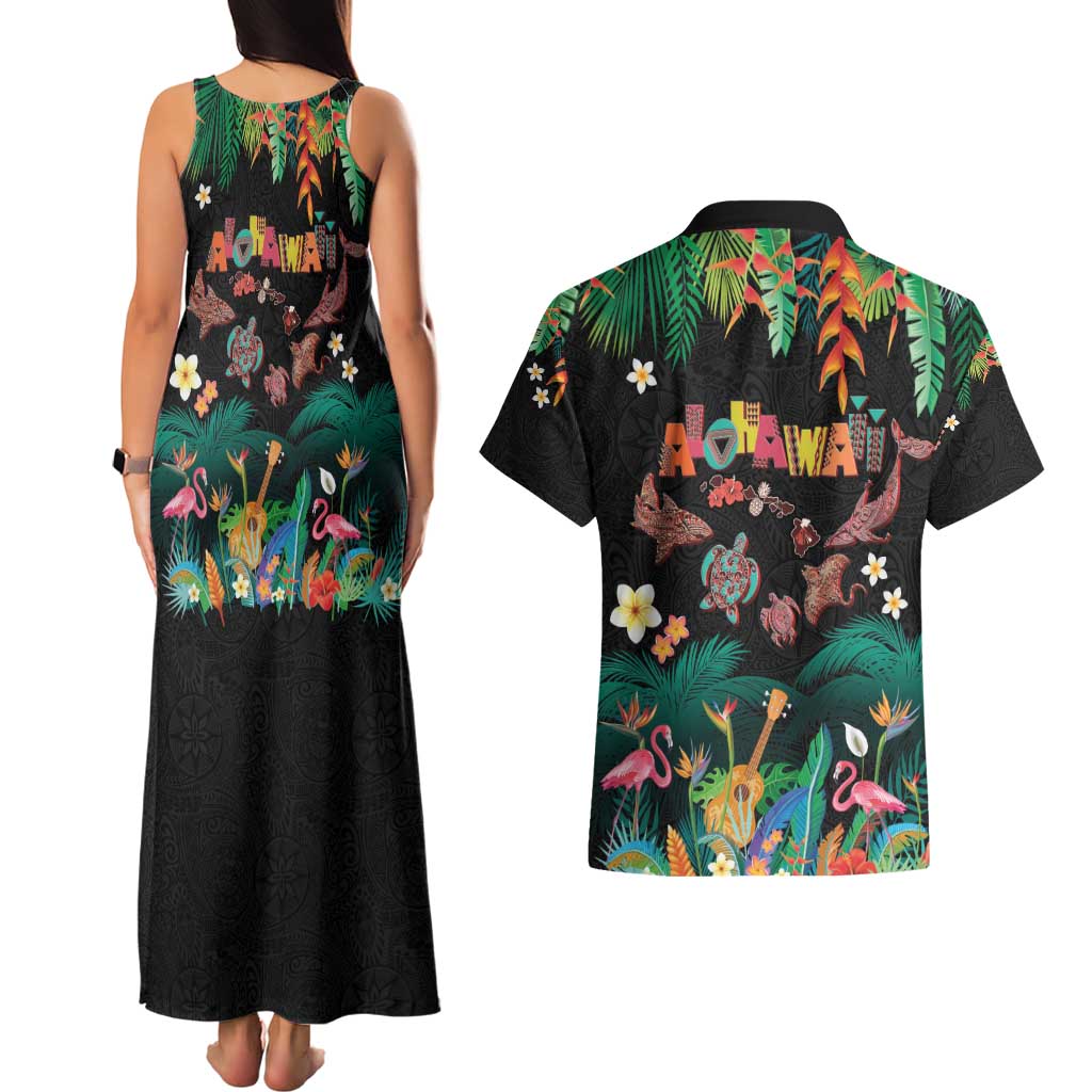 Hawaiian Alohawaii Couples Matching Tank Maxi Dress and Hawaiian Shirt Tribal Sea Animals Tattoo and Tropical Plants - Polynesian Pride