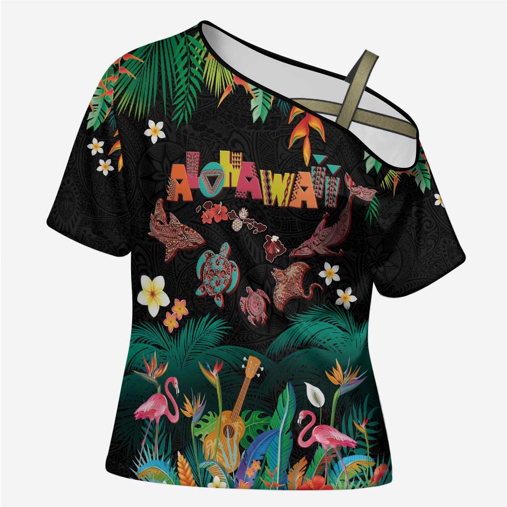 Hawaiian Alohawaii Cross Shoulder Shirt Tribal Sea Animals Tattoo and Tropical Plants - Polynesian Pride