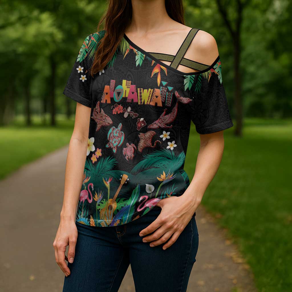 Hawaiian Alohawaii Cross Shoulder Shirt Tribal Sea Animals Tattoo and Tropical Plants - Polynesian Pride