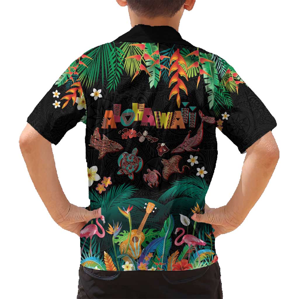 Hawaiian Alohawaii Family Matching Long Sleeve Bodycon Dress and Hawaiian Shirt Tribal Sea Animals Tattoo and Tropical Plants - Polynesian Pride
