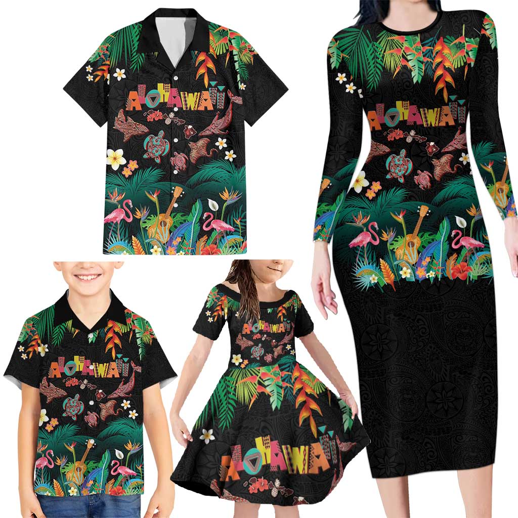 Hawaiian Alohawaii Family Matching Long Sleeve Bodycon Dress and Hawaiian Shirt Tribal Sea Animals Tattoo and Tropical Plants - Polynesian Pride