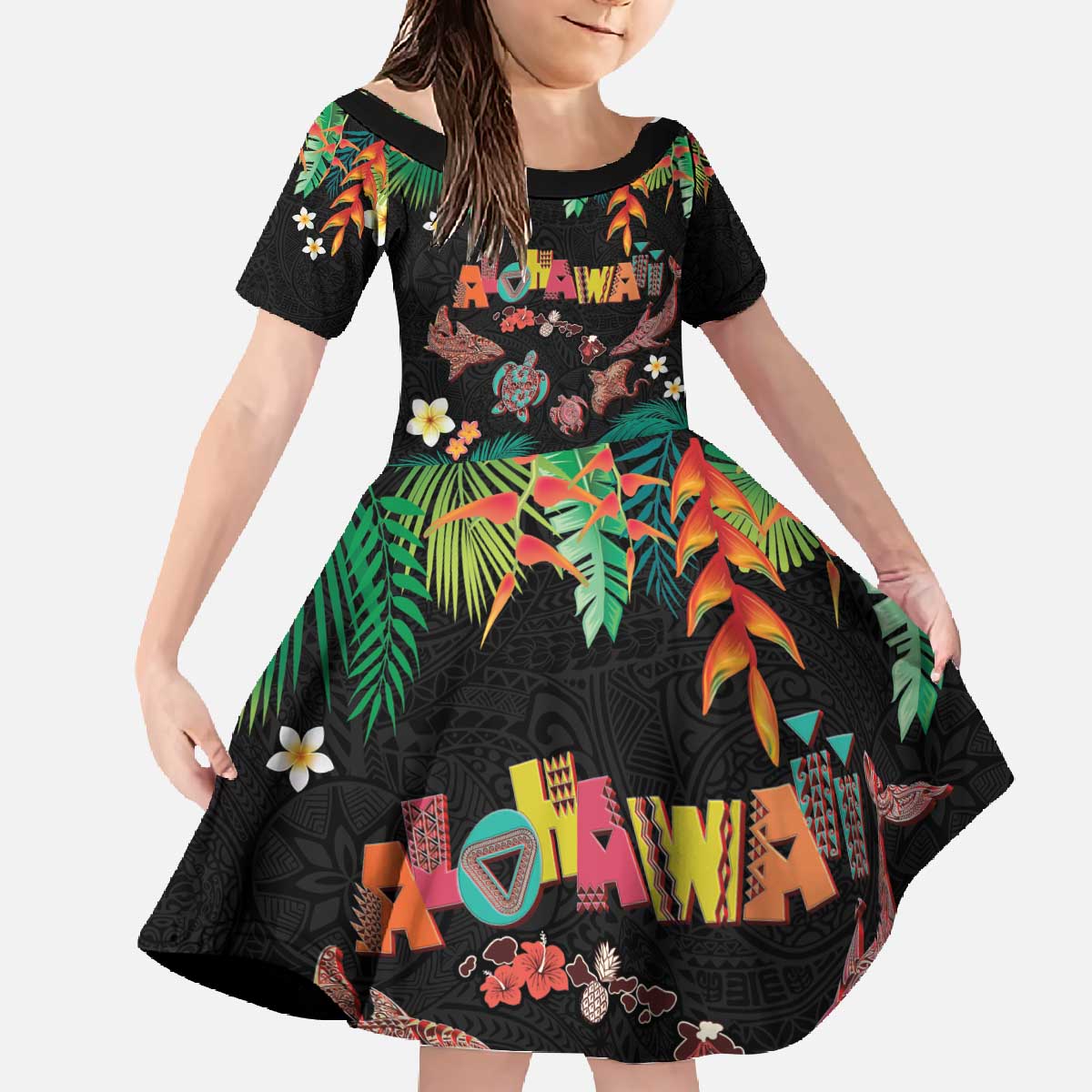 Hawaiian Alohawaii Family Matching Off The Shoulder Long Sleeve Dress and Hawaiian Shirt Tribal Sea Animals Tattoo and Tropical Plants - Polynesian Pride