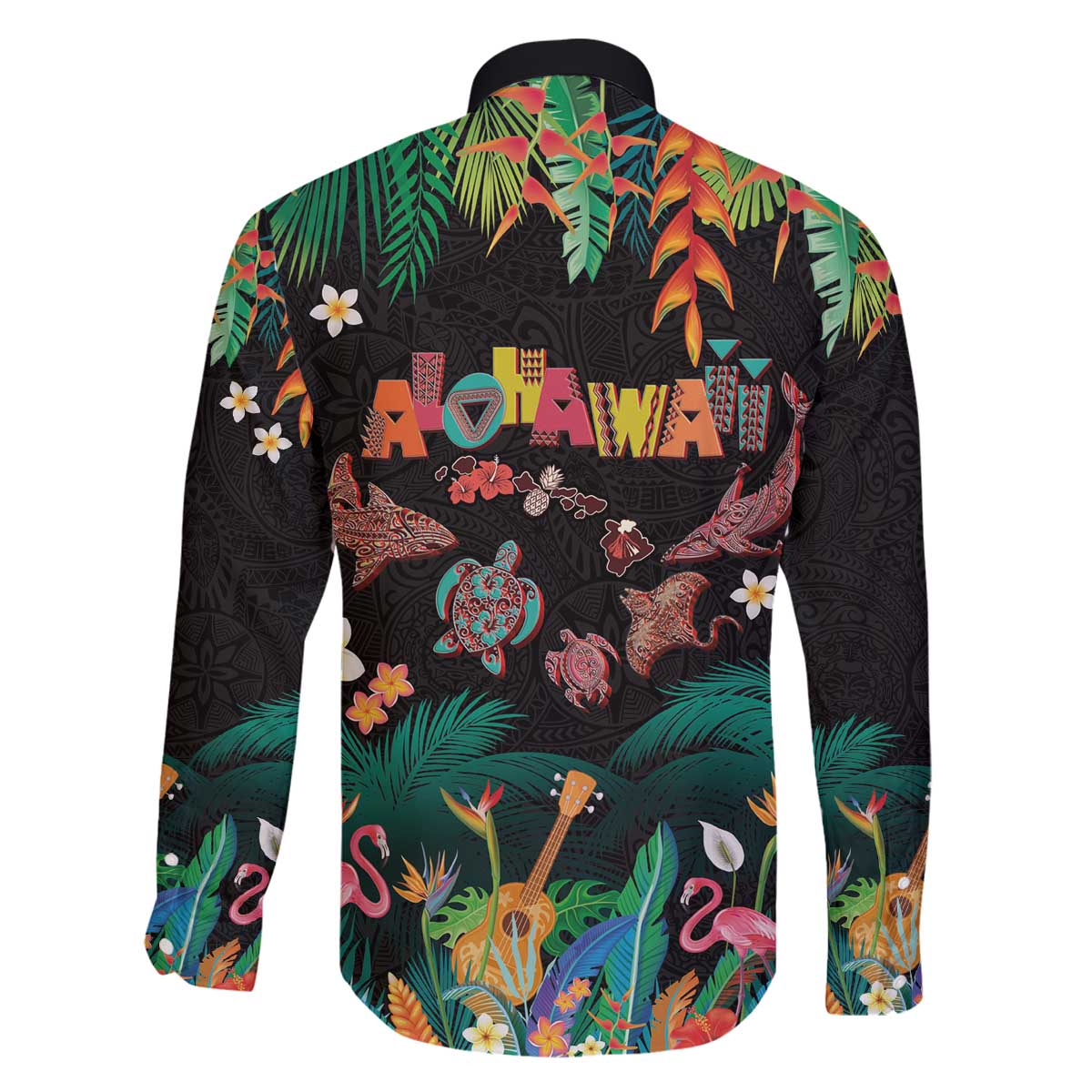 Hawaiian Alohawaii Family Matching Off The Shoulder Long Sleeve Dress and Hawaiian Shirt Tribal Sea Animals Tattoo and Tropical Plants - Polynesian Pride