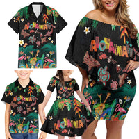Hawaiian Alohawaii Family Matching Off Shoulder Short Dress and Hawaiian Shirt Tribal Sea Animals Tattoo and Tropical Plants - Polynesian Pride