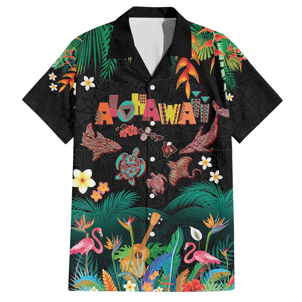 Hawaiian Alohawaii Family Matching Off Shoulder Short Dress and Hawaiian Shirt Tribal Sea Animals Tattoo and Tropical Plants - Polynesian Pride