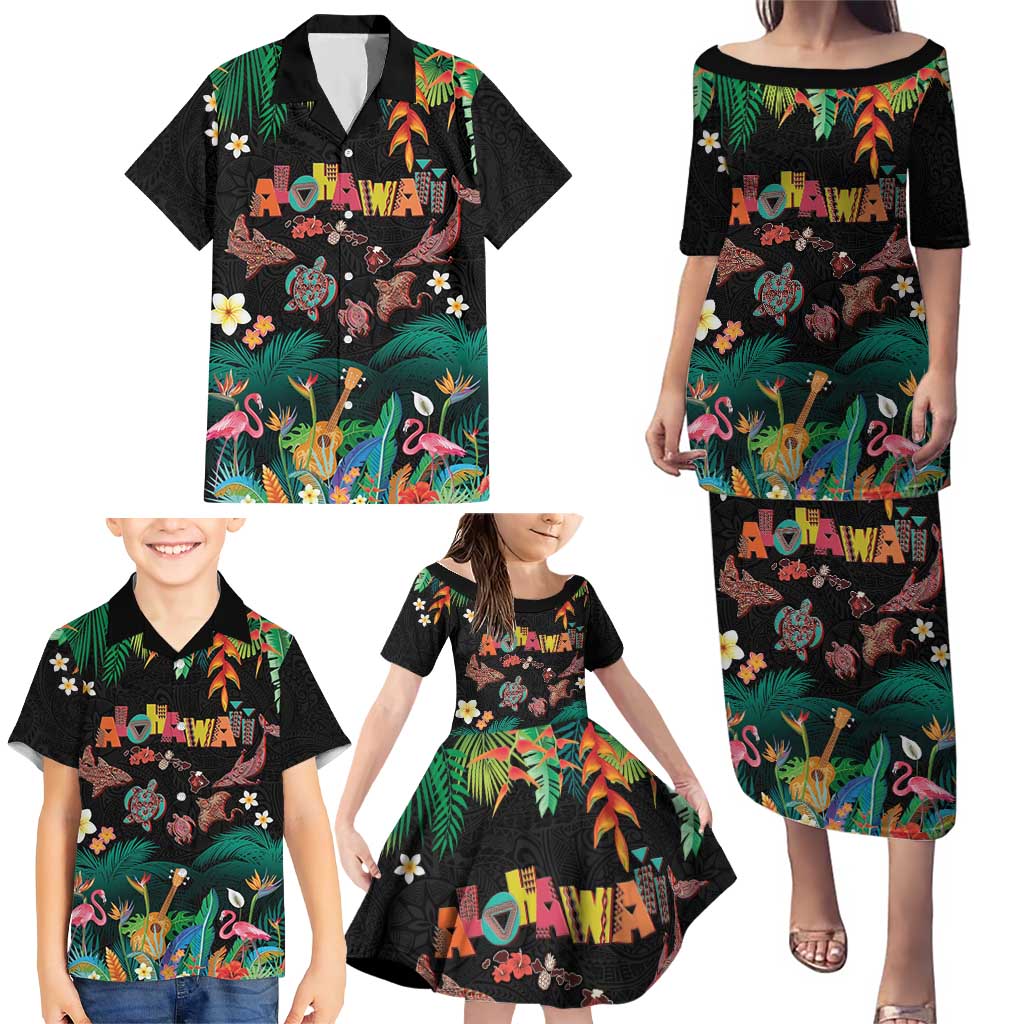Hawaiian Alohawaii Family Matching Puletasi and Hawaiian Shirt Tribal Sea Animals Tattoo and Tropical Plants - Polynesian Pride