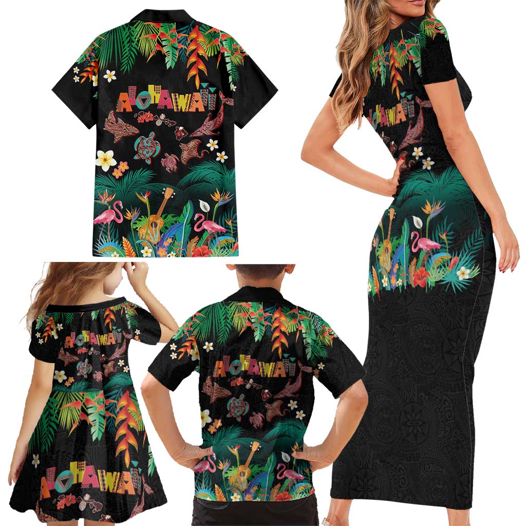 Hawaiian Alohawaii Family Matching Short Sleeve Bodycon Dress and Hawaiian Shirt Tribal Sea Animals Tattoo and Tropical Plants - Polynesian Pride