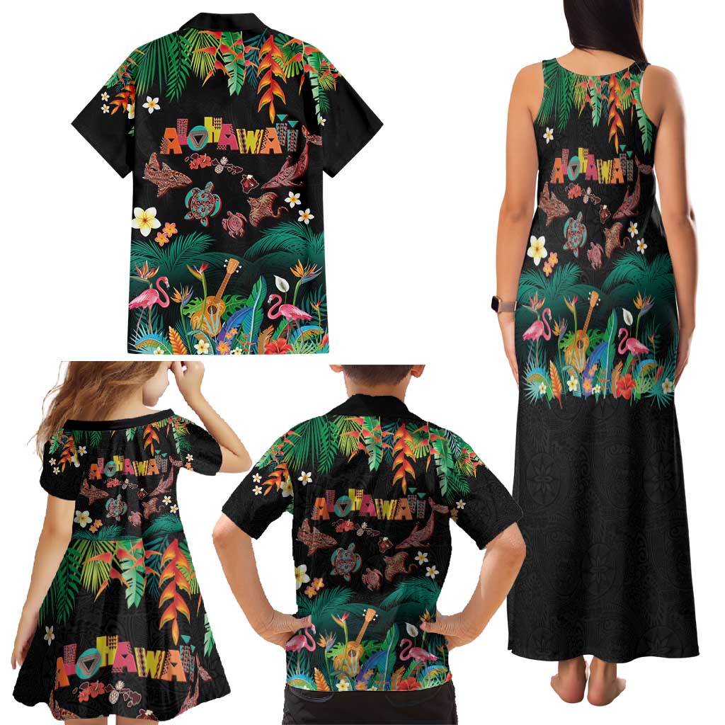Hawaiian Alohawaii Family Matching Tank Maxi Dress and Hawaiian Shirt Tribal Sea Animals Tattoo and Tropical Plants - Polynesian Pride