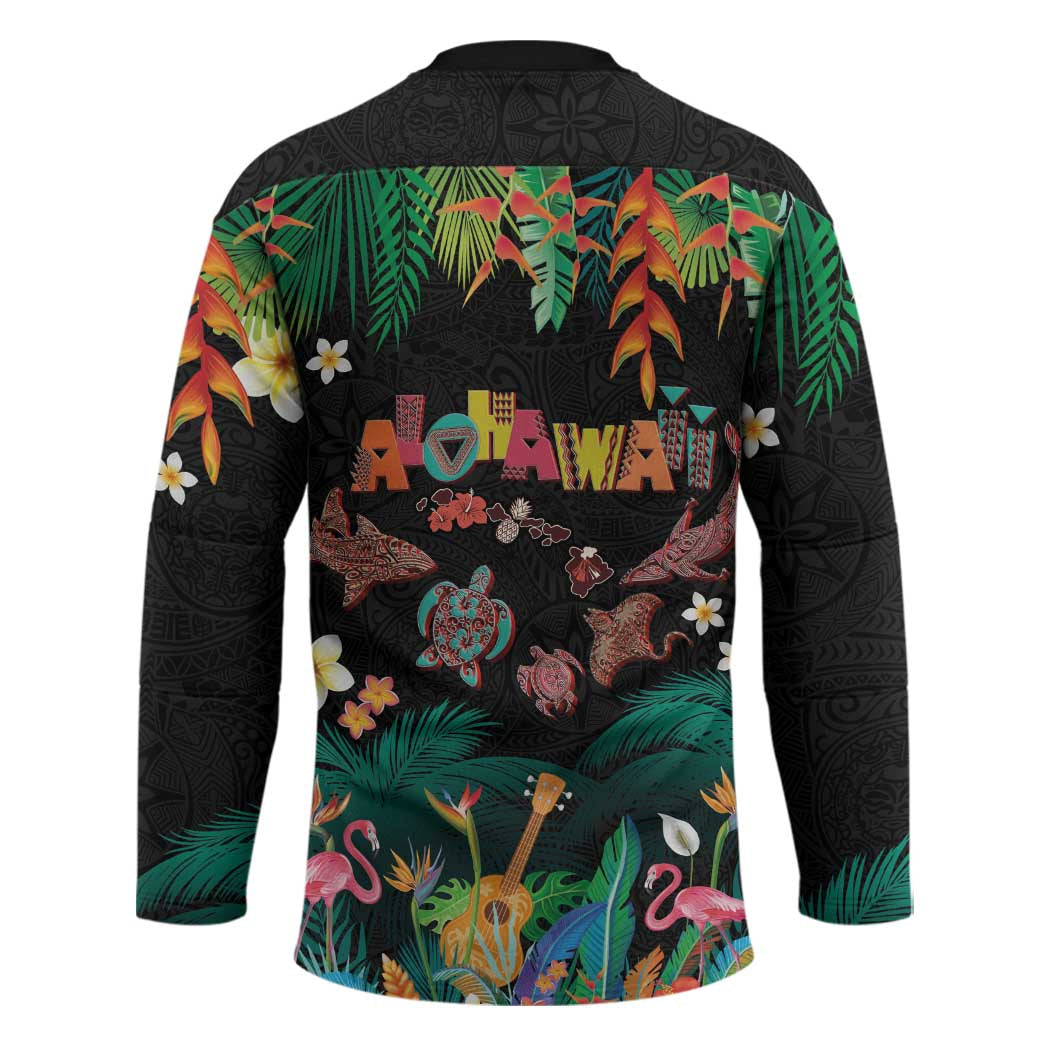 Hawaiian Alohawaii Hockey Jersey Tribal Sea Animals Tattoo and Tropical Plants - Polynesian Pride
