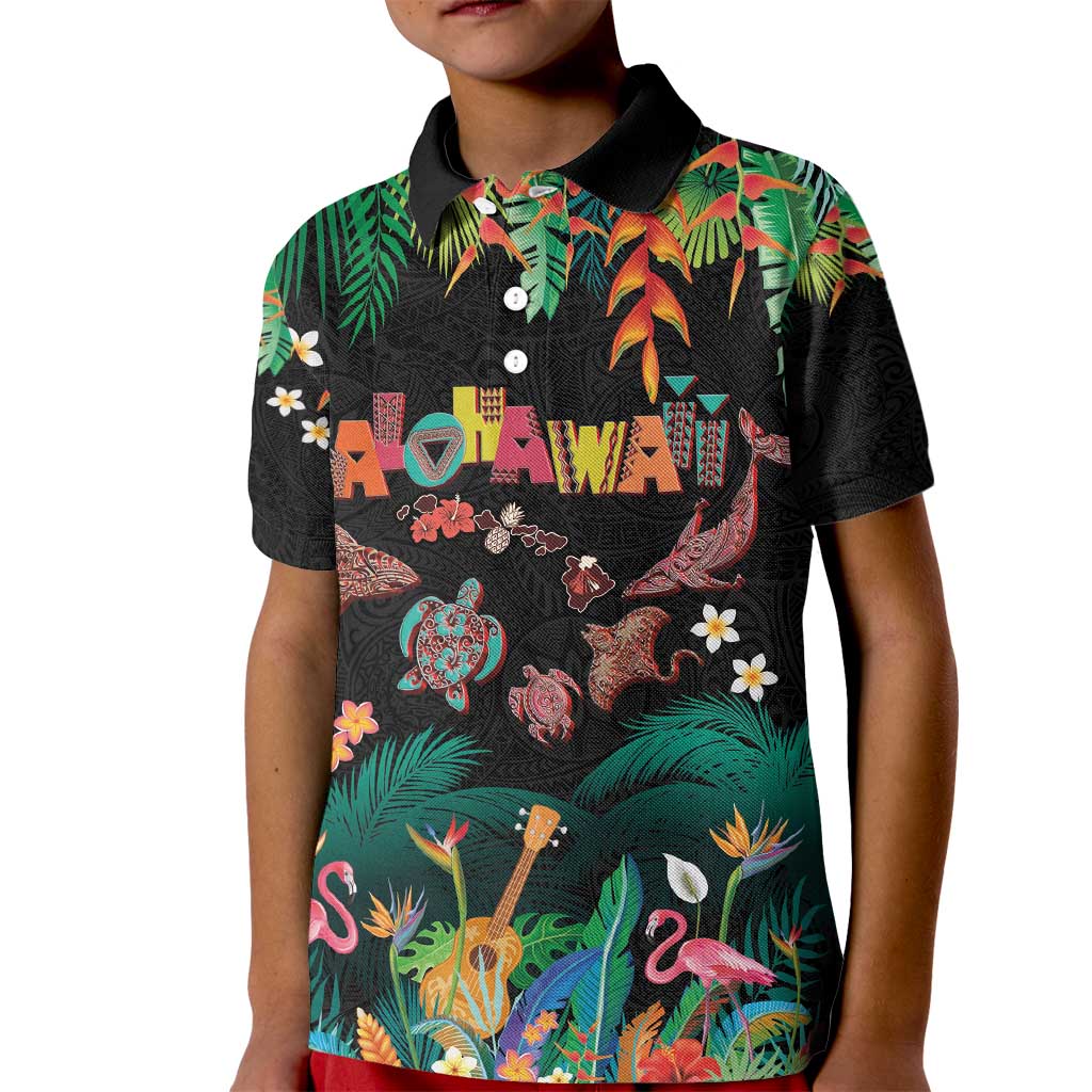 Hawaiian Alohawaii Kid Polo Shirt Tribal Sea Animals Tattoo and Tropical Plants - Polynesian Pride
