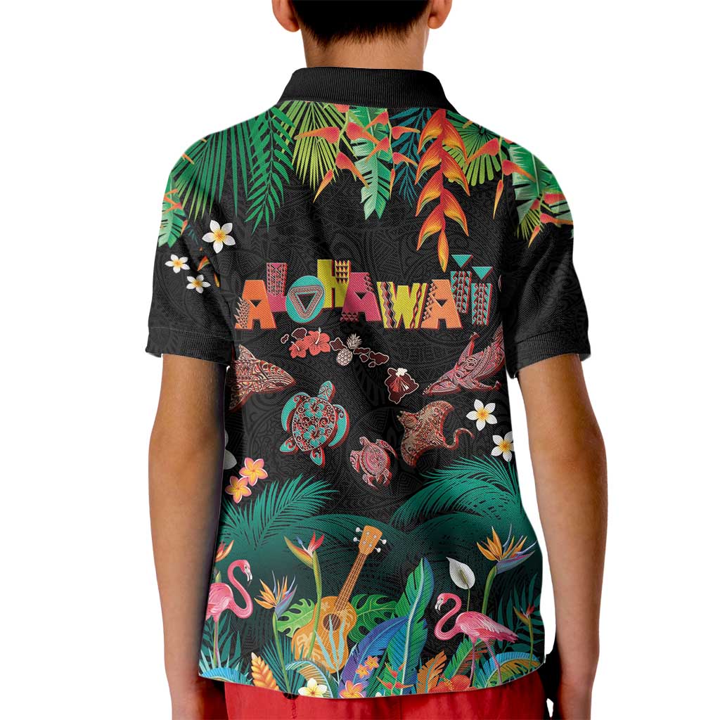 Hawaiian Alohawaii Kid Polo Shirt Tribal Sea Animals Tattoo and Tropical Plants - Polynesian Pride