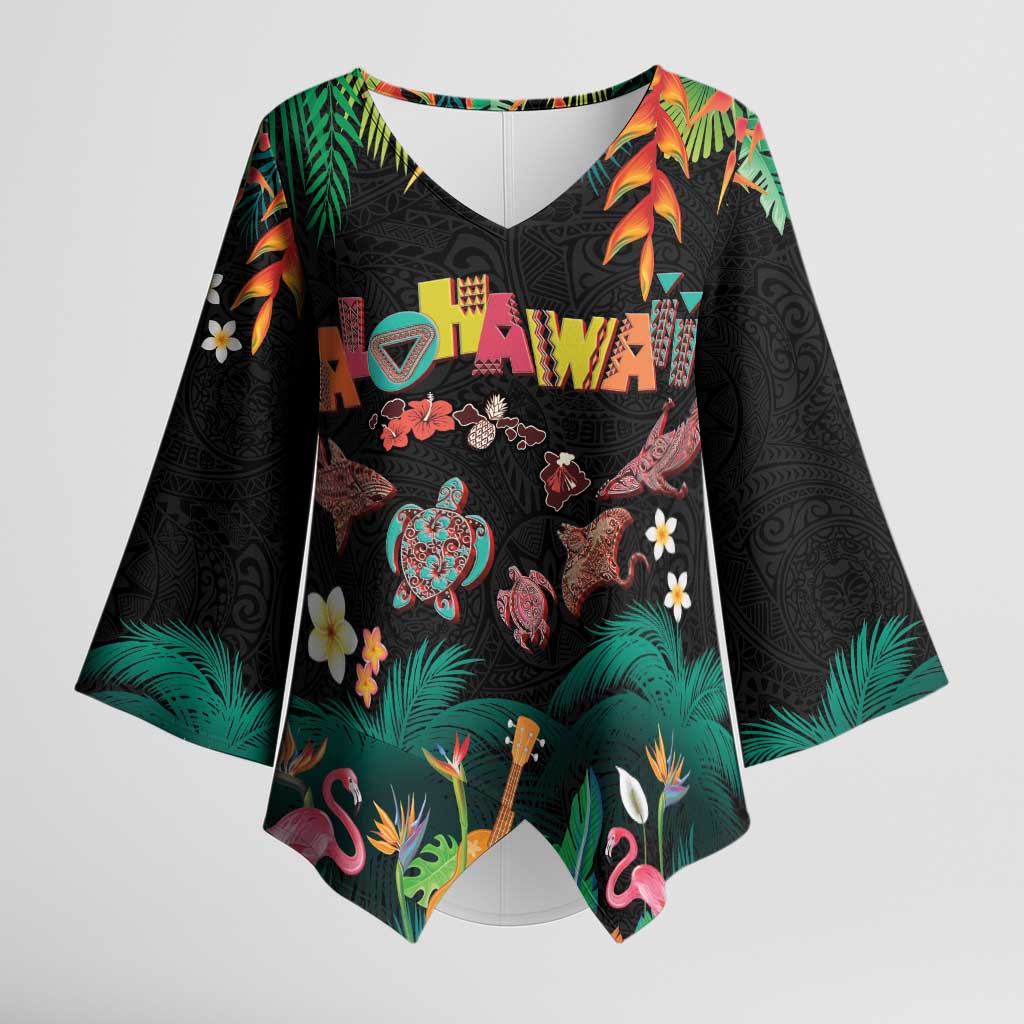 Hawaiian Alohawaii Kimono Sleeve Blouse Tribal Sea Animals Tattoo and Tropical Plants - Polynesian Pride