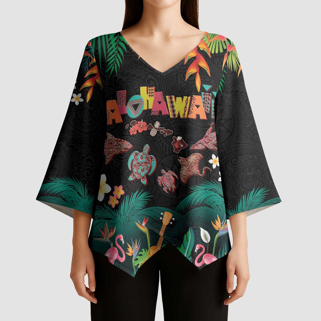 Hawaiian Alohawaii Kimono Sleeve Blouse Tribal Sea Animals Tattoo and Tropical Plants - Polynesian Pride