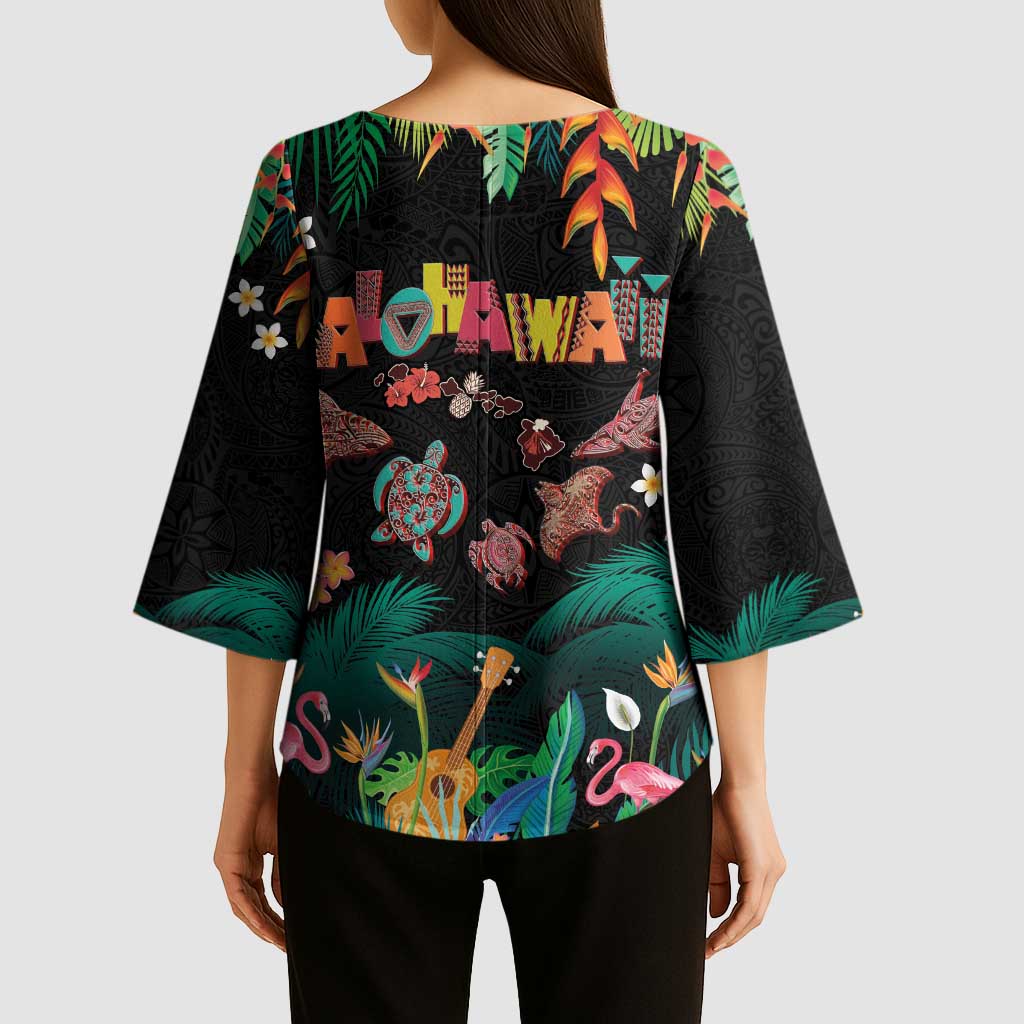 Hawaiian Alohawaii Kimono Sleeve Blouse Tribal Sea Animals Tattoo and Tropical Plants - Polynesian Pride