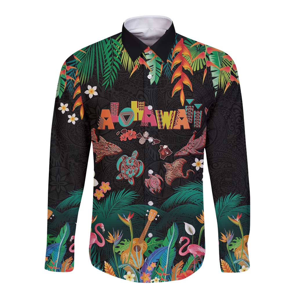 Hawaiian Alohawaii Long Sleeve Button Shirt Tribal Sea Animals Tattoo and Tropical Plants - Polynesian Pride