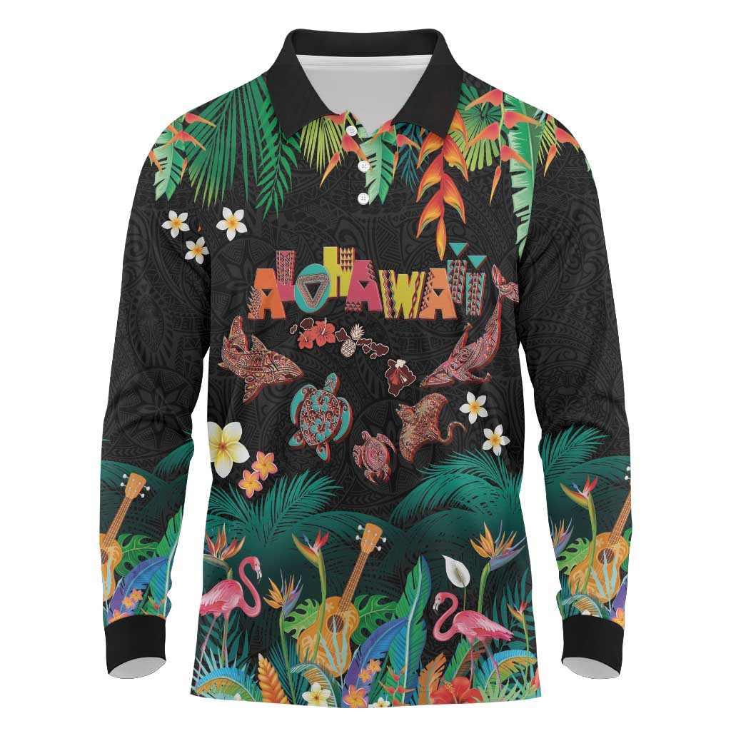 Hawaiian Alohawaii Long Sleeve Polo Shirt Tribal Sea Animals Tattoo and Tropical Plants - Polynesian Pride