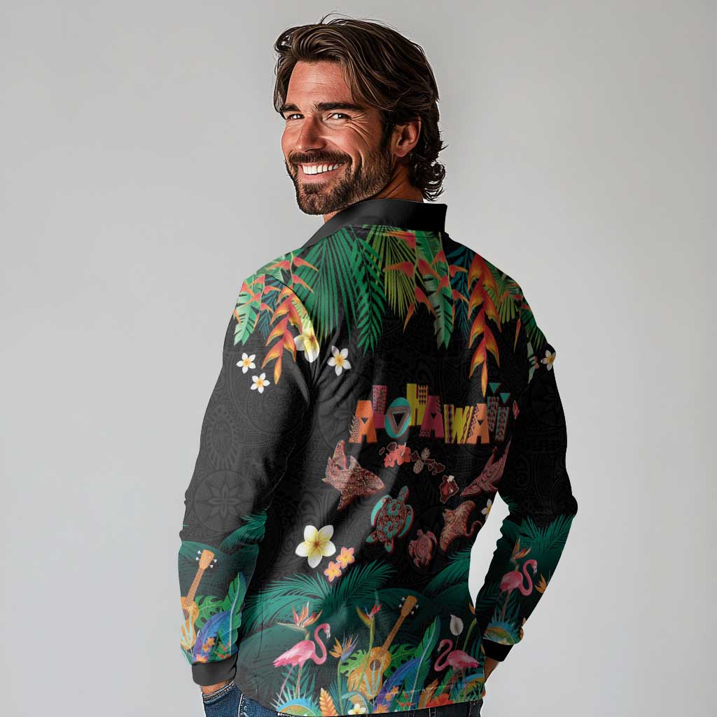 Hawaiian Alohawaii Long Sleeve Polo Shirt Tribal Sea Animals Tattoo and Tropical Plants - Polynesian Pride