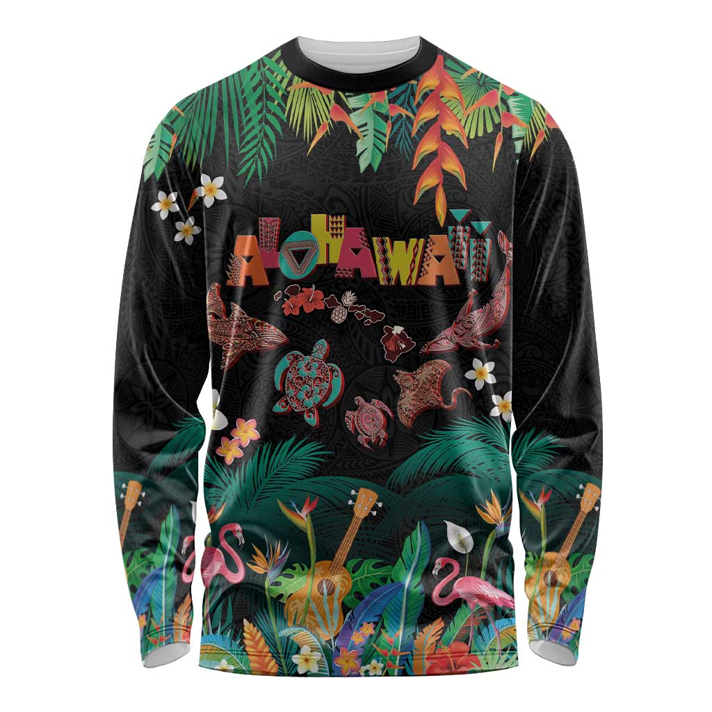 Hawaiian Alohawaii Long Sleeve Shirt Tribal Sea Animals Tattoo and Tropical Plants - Polynesian Pride