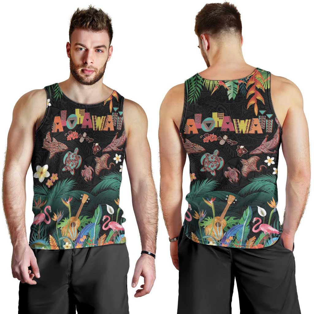 Hawaiian Alohawaii Men Tank Top Tribal Sea Animals Tattoo and Tropical Plants - Polynesian Pride