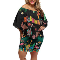 Hawaiian Alohawaii Off Shoulder Short Dress Tribal Sea Animals Tattoo and Tropical Plants - Polynesian Pride
