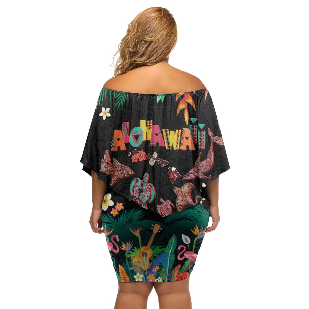 Hawaiian Alohawaii Off Shoulder Short Dress Tribal Sea Animals Tattoo and Tropical Plants - Polynesian Pride