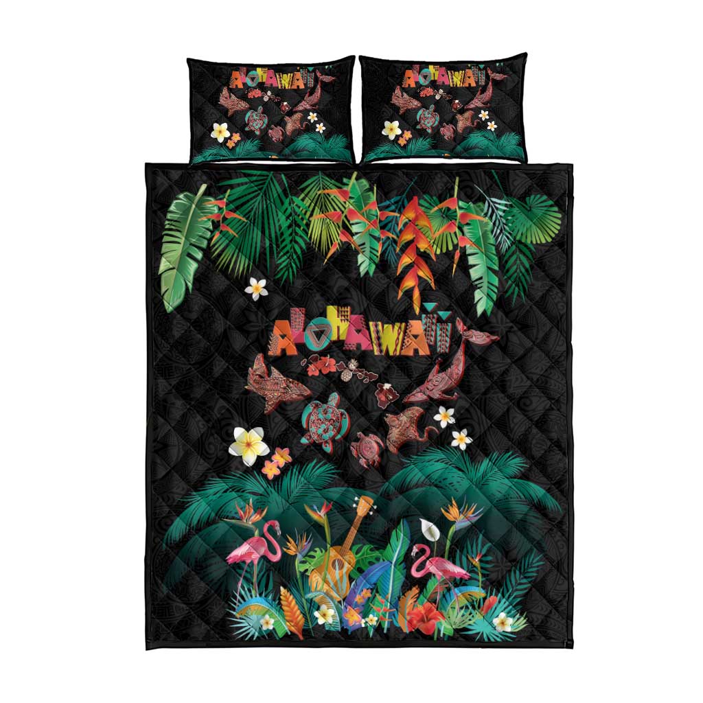Hawaiian Alohawaii Quilt Bed Set Tribal Sea Animals Tattoo and Tropical Plants - Polynesian Pride