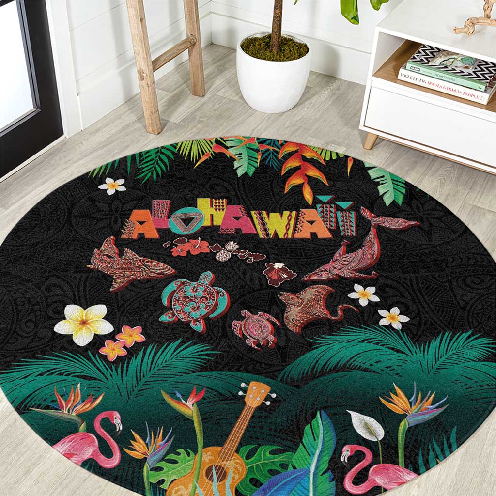 Hawaiian Alohawaii Round Carpet Tribal Sea Animals Tattoo and Tropical Plants - Polynesian Pride
