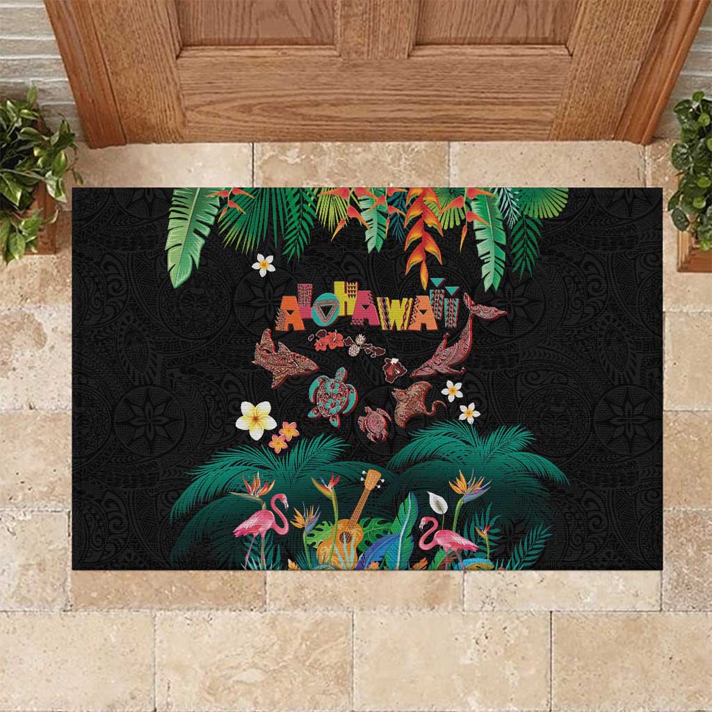 Hawaiian Alohawaii Rubber Doormat Tribal Sea Animals Tattoo and Tropical Plants - Polynesian Pride