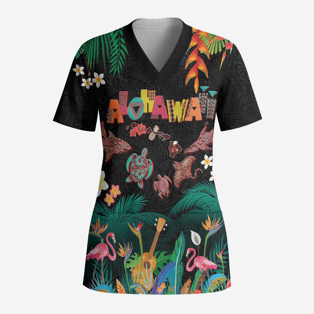 Hawaiian Alohawaii Scrub Top Tribal Sea Animals Tattoo and Tropical Plants - Polynesian Pride