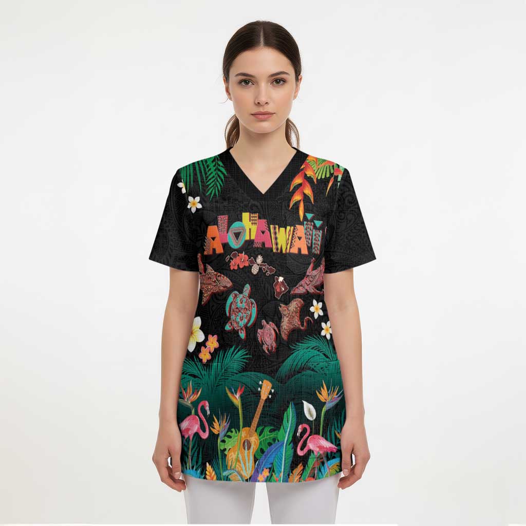 Hawaiian Alohawaii Scrub Top Tribal Sea Animals Tattoo and Tropical Plants - Polynesian Pride