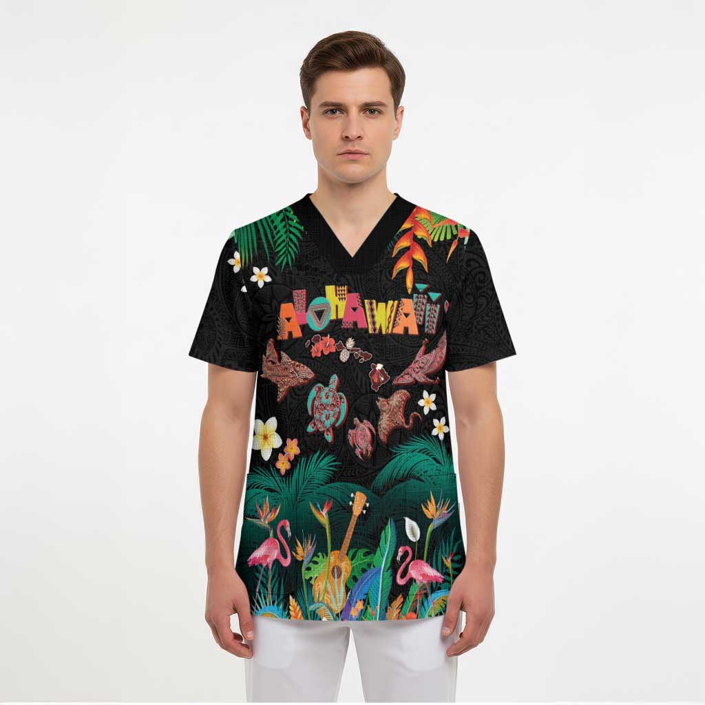 Hawaiian Alohawaii Scrub Top Tribal Sea Animals Tattoo and Tropical Plants - Polynesian Pride