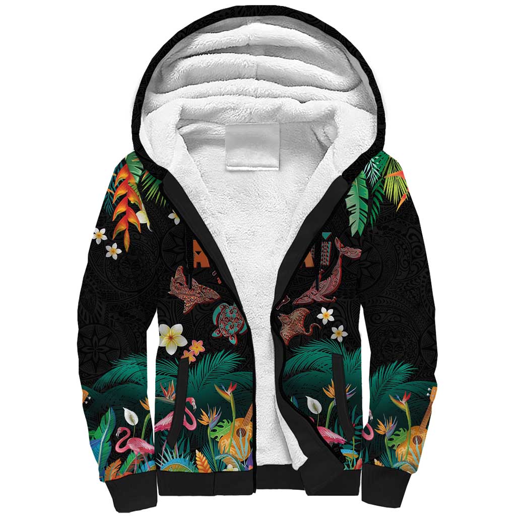 Hawaiian Alohawaii Sherpa Hoodie Tribal Sea Animals Tattoo and Tropical Plants - Polynesian Pride