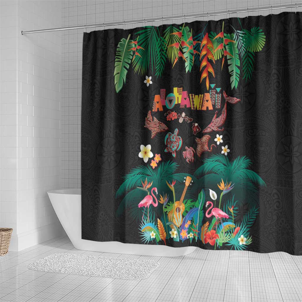 Hawaiian Alohawaii Shower Curtain Tribal Sea Animals Tattoo and Tropical Plants - Polynesian Pride