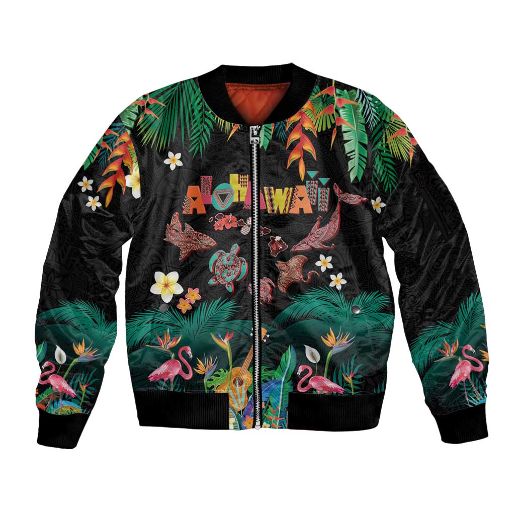 Hawaiian Alohawaii Sleeve Zip Bomber Jacket Tribal Sea Animals Tattoo and Tropical Plants - Polynesian Pride