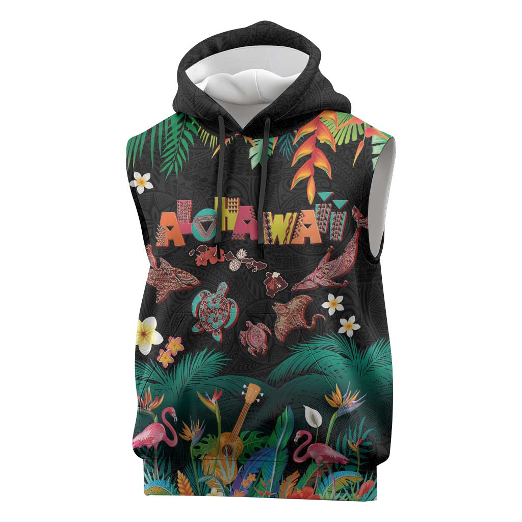 Hawaiian Alohawaii Sleeveless Hoodie Tribal Sea Animals Tattoo and Tropical Plants - Polynesian Pride