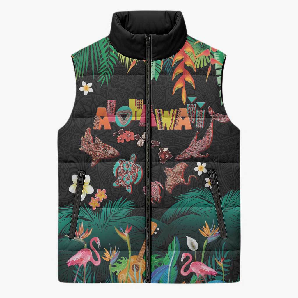 Hawaiian Alohawaii Sleeveless Puffer Jacket Tribal Sea Animals Tattoo and Tropical Plants - Polynesian Pride