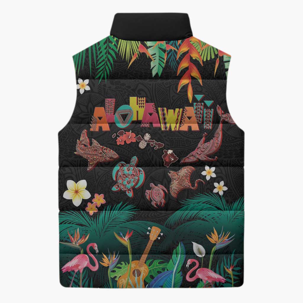 Hawaiian Alohawaii Sleeveless Puffer Jacket Tribal Sea Animals Tattoo and Tropical Plants - Polynesian Pride