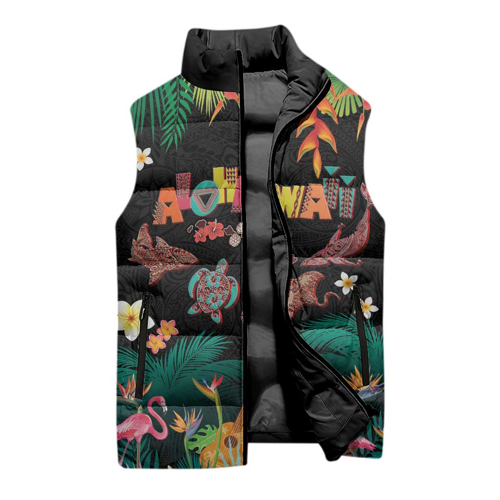 Hawaiian Alohawaii Sleeveless Puffer Jacket Tribal Sea Animals Tattoo and Tropical Plants - Polynesian Pride