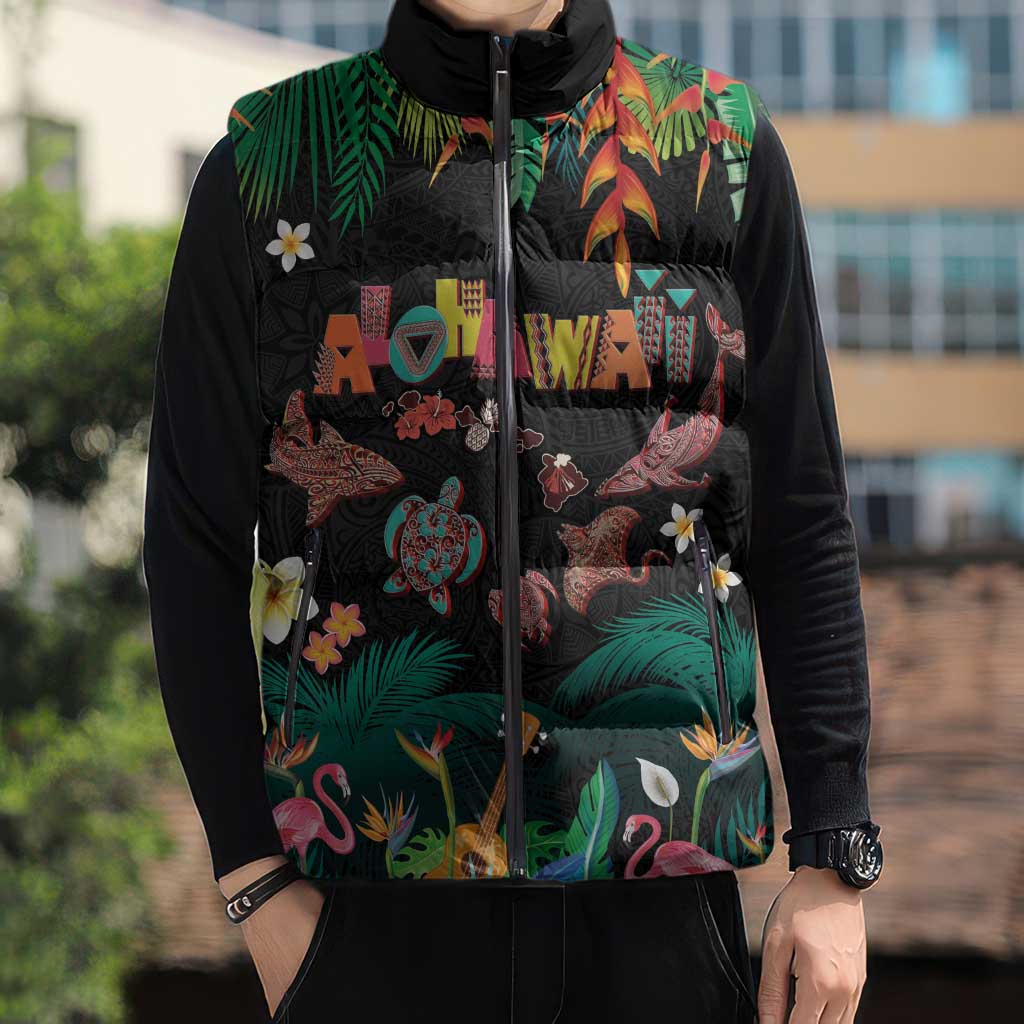 Hawaiian Alohawaii Sleeveless Puffer Jacket Tribal Sea Animals Tattoo and Tropical Plants - Polynesian Pride