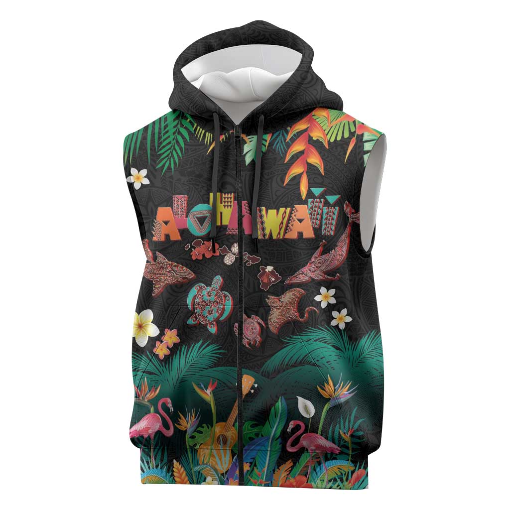 Hawaiian Alohawaii Sleeveless Zip Hoodie Tribal Sea Animals Tattoo and Tropical Plants - Polynesian Pride