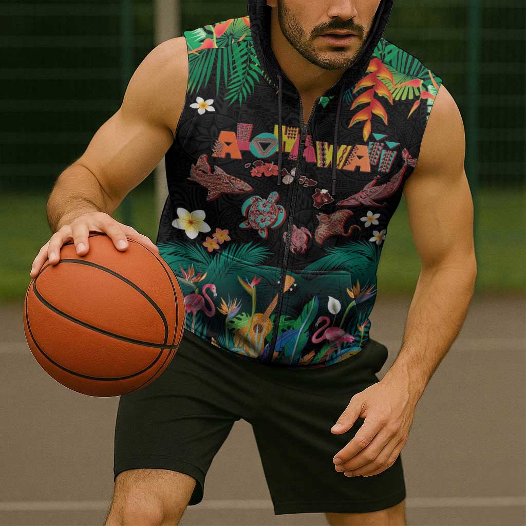 Hawaiian Alohawaii Sleeveless Zip Hoodie Tribal Sea Animals Tattoo and Tropical Plants - Polynesian Pride