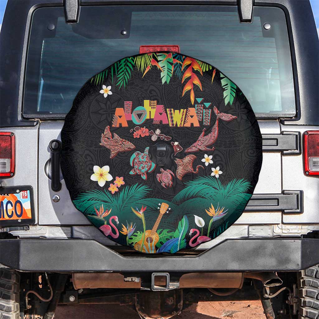 Hawaiian Alohawaii Spare Tire Cover Tribal Sea Animals Tattoo and Tropical Plants - Polynesian Pride