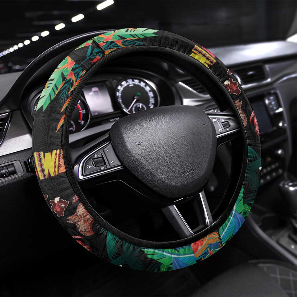Hawaiian Alohawaii Steering Wheel Cover Tribal Sea Animals Tattoo and Tropical Plants - Polynesian Pride