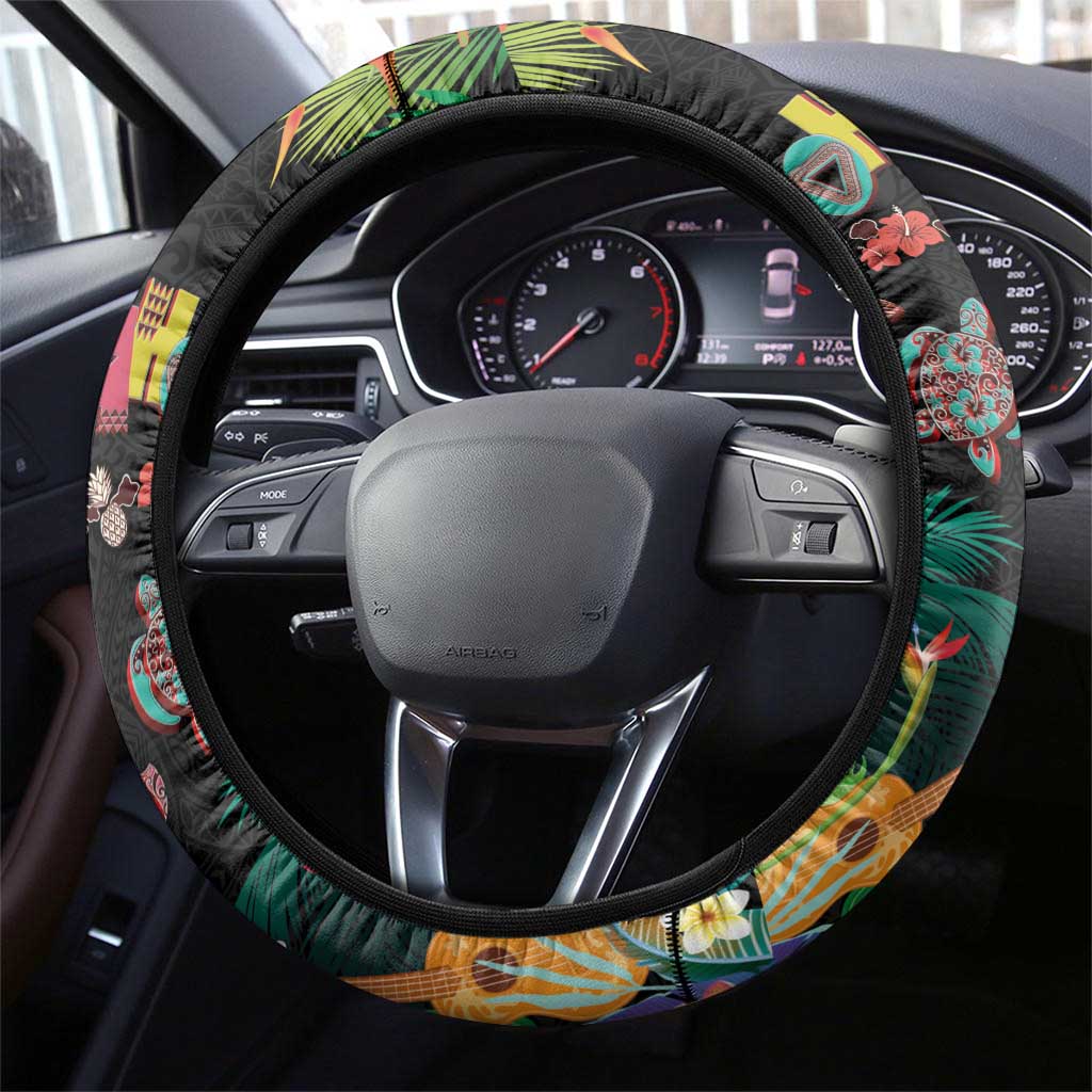 Hawaiian Alohawaii Steering Wheel Cover Tribal Sea Animals Tattoo and Tropical Plants - Polynesian Pride