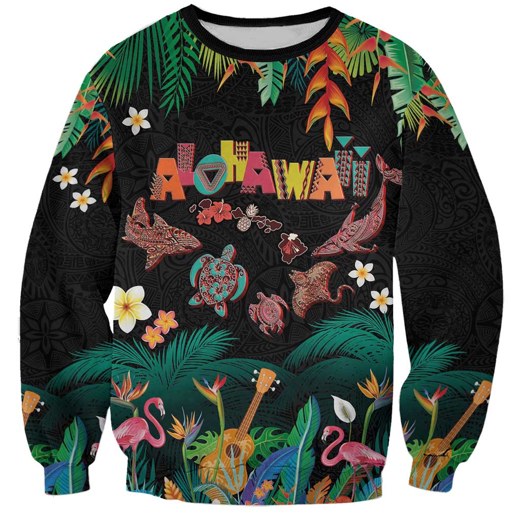 Hawaiian Alohawaii Sweatshirt Tribal Sea Animals Tattoo and Tropical Plants - Polynesian Pride