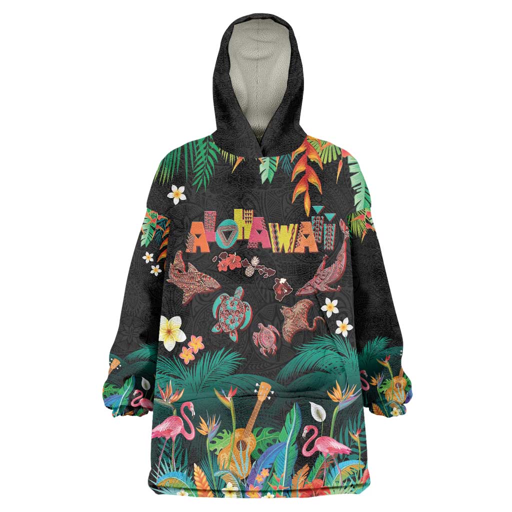 Hawaiian Alohawaii Wearable Blanket Hoodie Tribal Sea Animals Tattoo and Tropical Plants - Polynesian Pride
