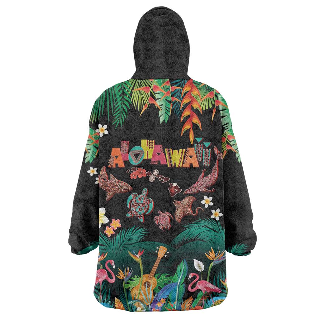 Hawaiian Alohawaii Wearable Blanket Hoodie Tribal Sea Animals Tattoo and Tropical Plants - Polynesian Pride