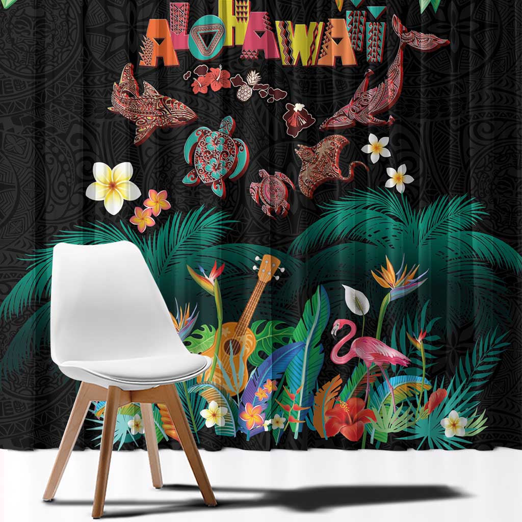 Hawaiian Alohawaii Window Curtain Tribal Sea Animals Tattoo and Tropical Plants - Polynesian Pride