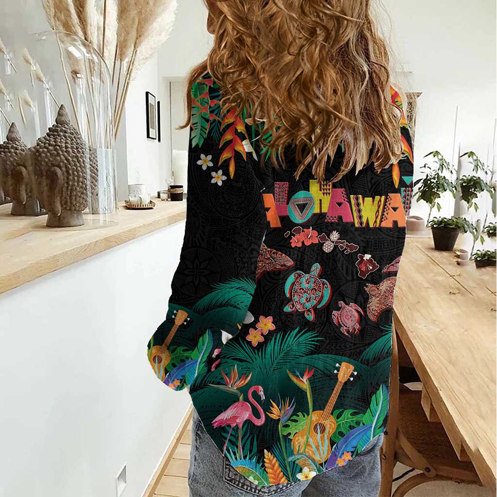 Hawaiian Alohawaii Women Casual Shirt Tribal Sea Animals Tattoo and Tropical Plants - Polynesian Pride